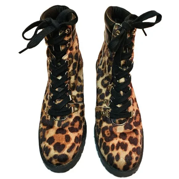 ALDO Vegan Leather/Fur Leopard Print Salilia Combat Boots Shoes Size 8.5 - Picture 2 of 8